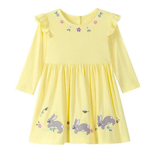 Autumn Arrival Cartoon Rabbits and Flowers Pattern Long Sleeves Crew Neck Dress for Stylish Girls