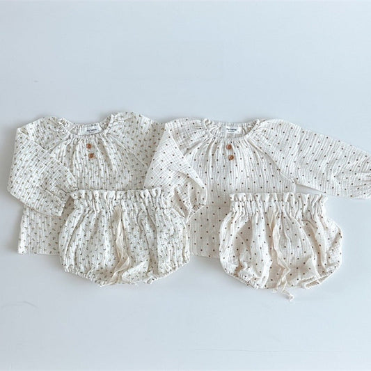 Spring Baby Kids Girls Dots/Floral Long Sleeves Top And Shorts Clothing Set