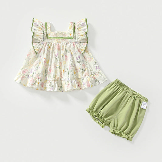 Summer Baby Kids Floral Pattern Fly Sleeves Top Dress and Green Shorts Clothing Set for Girls