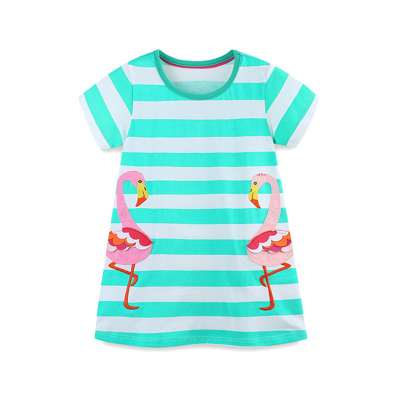 Summer Arrival Cotton Animals Pattern Short Sleeves Striped Dress for Stylish Girls