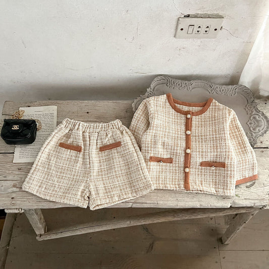 Spring Baby Kids Girls Plaid Cardigan And Shorts Clothing Set