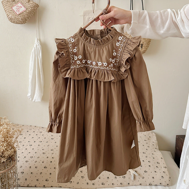 Arrival Autumn Girls Vines Pattern Embroidery French Style Ruffle Dress