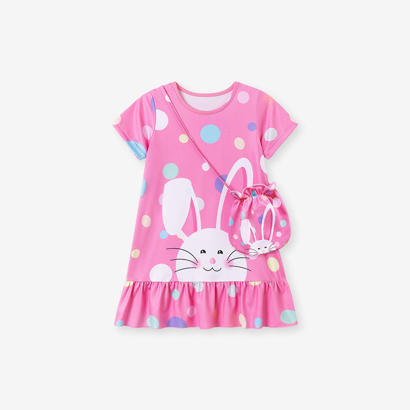 Summer Arrival Cartoon and Polka Dots Pattern Short Sleeves Dress for Stylish Girls