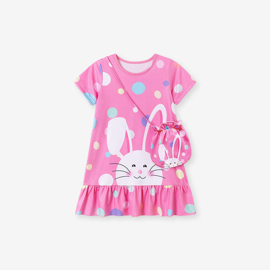 Summer Arrival Cartoon and Polka Dots Pattern Short Sleeves Dress for Stylish Girls