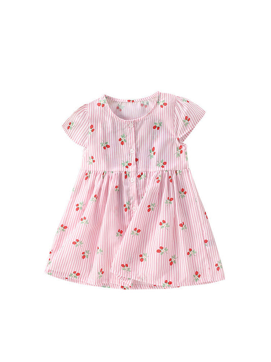 Summer Arrival Girls’ Strawberry Pattern Striped Single Breasted Short Sleeves Round Neck Dress