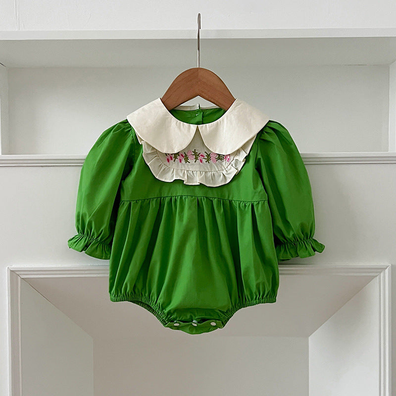 Arrival Autumn Baby Kids Girls Long Sleeves Peter Pan Collar Embroidery Flowers Pattern Onesies and Dress โ Princess Sister Matching Set
