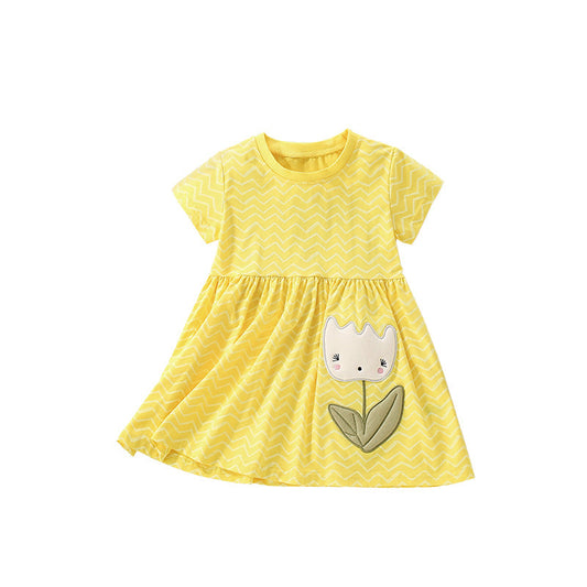 Summer Arrival Cartoon Flowers Pattern Short Sleeves Crew Neck Striped Dress for Stylish Girls