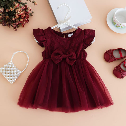 Summer Hot Selling Kids Girls Cute Fly Sleeves Flowers Jacquard Pattern Tulle Dress