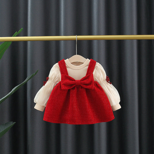 Autumn and Winter Arrival Baby Girls Long Sleeves Crew Neck Top and Overalls Dress