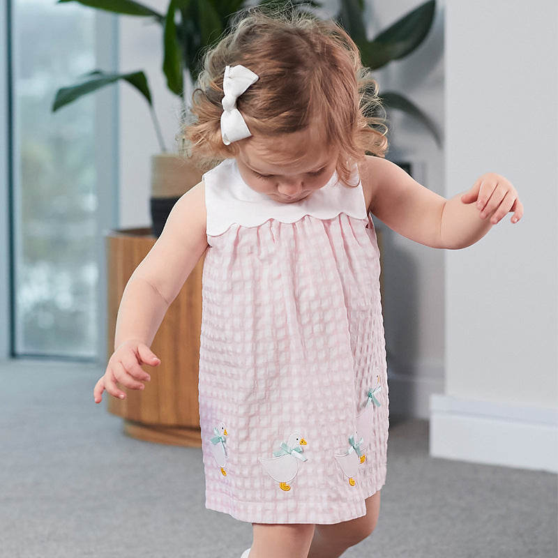 Summer Baby Girls Sleeveless Plaid Patchwork Geese Pattern Dress