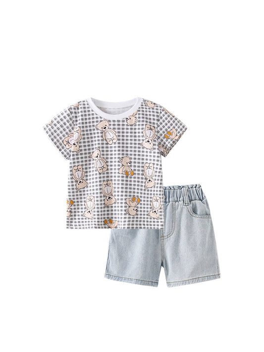 Summer Baby Kids Girls Teddy Bear Pattern Plaid Crew Neck Shirt And Denim Shorts Clothing Set