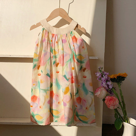 Summer Arrival Baby Kids Girls Cute Sleeveless Oil-Painting Flowers Pattern Printed Dress