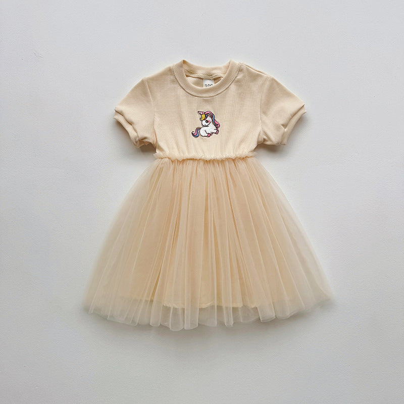Summer Baby Kids Girls Short-Sleeved Cartoon Unicorn Pattern Mesh Patchwork Dress