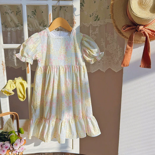 Summer Baby Kids Girls Short Sleeves Flowers Pattern Printed Dress