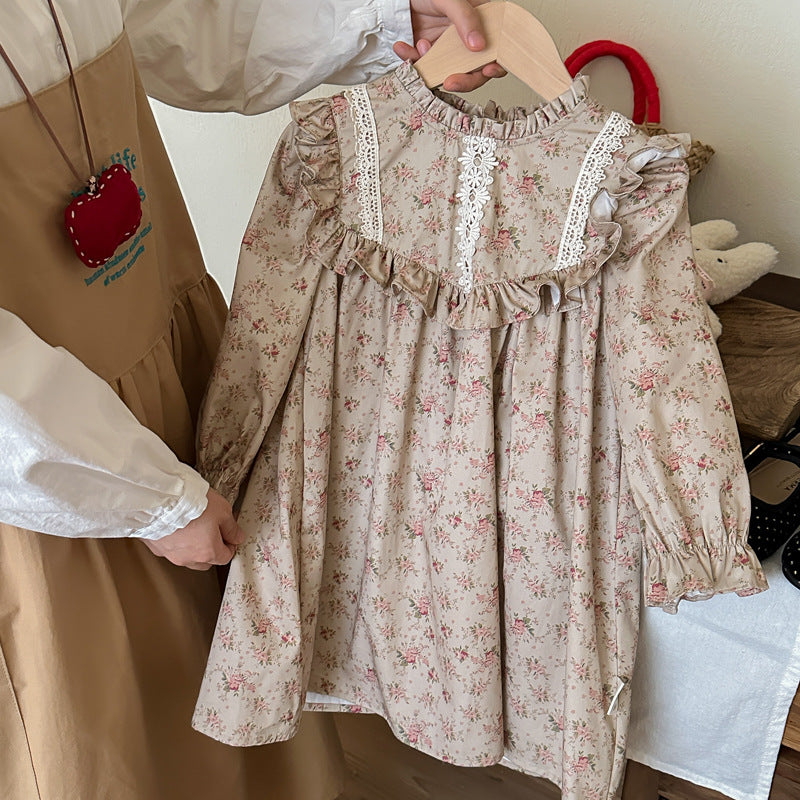 Spring and Autumn Ruffle Edged Neck French Style Floral Sweet Childrenās Doll Dress