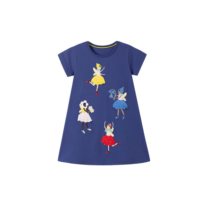 Summer Pure Cotton Dancers Cartoon Pattern Short Sleeves Dress for Stylish Girls