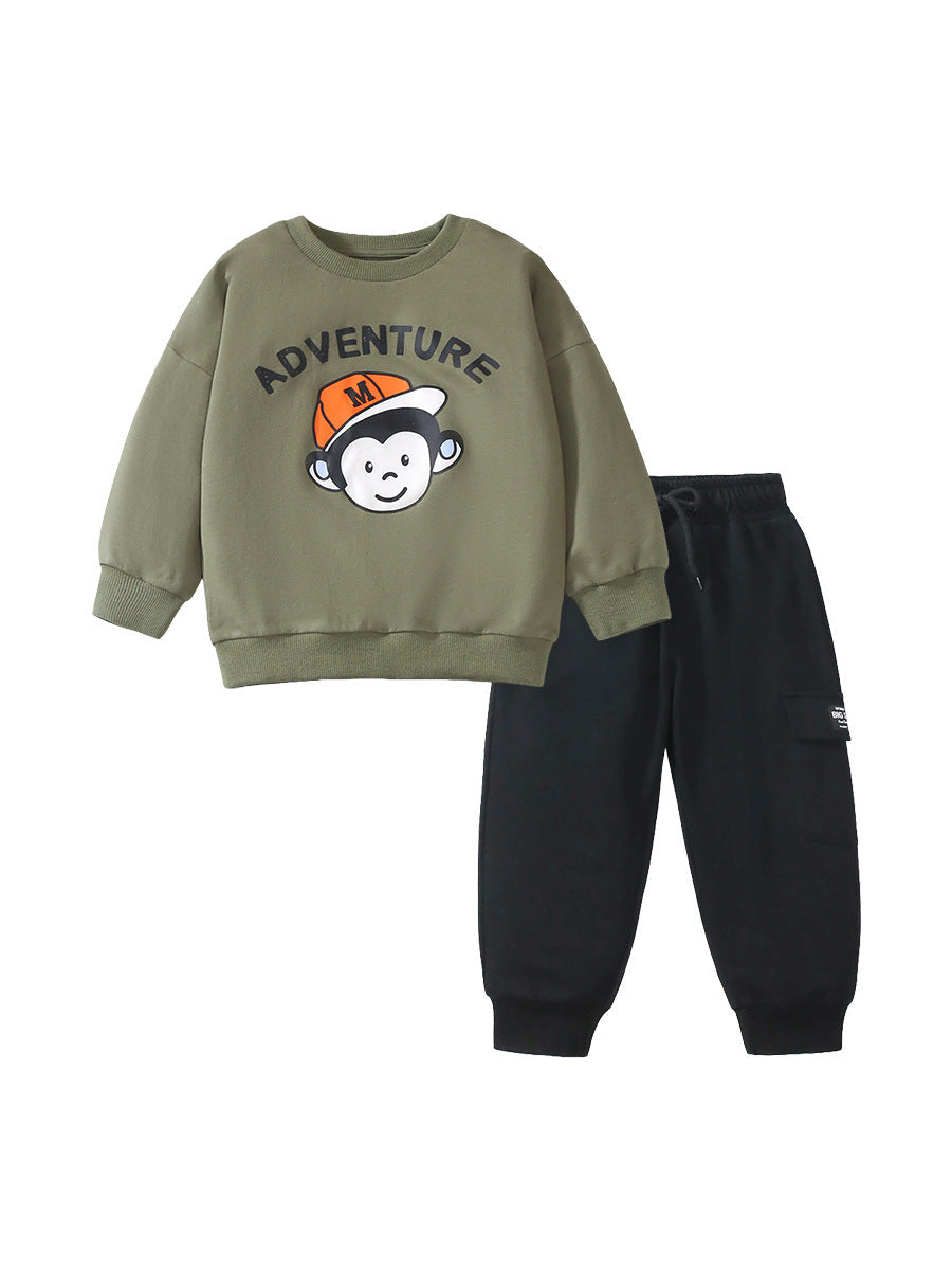 Spring And Autumn Boys Cartoon Monkey Pattern Long Sleeves Top Sweatshirt And Pocketed Pants Clothing Set