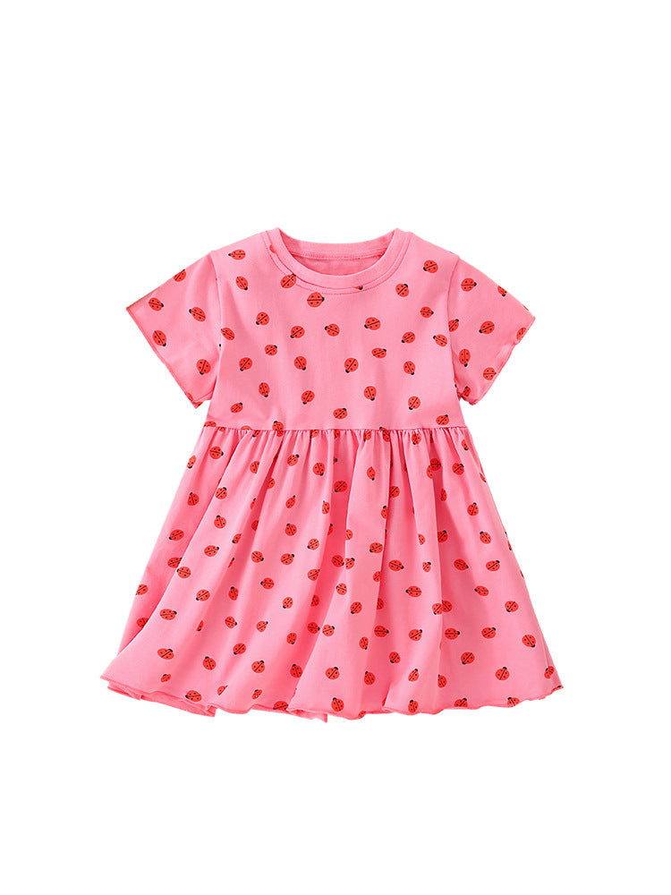 Summer Arrival Baby Kids Girls Short Sleeves Ladybird Print Pink Dress