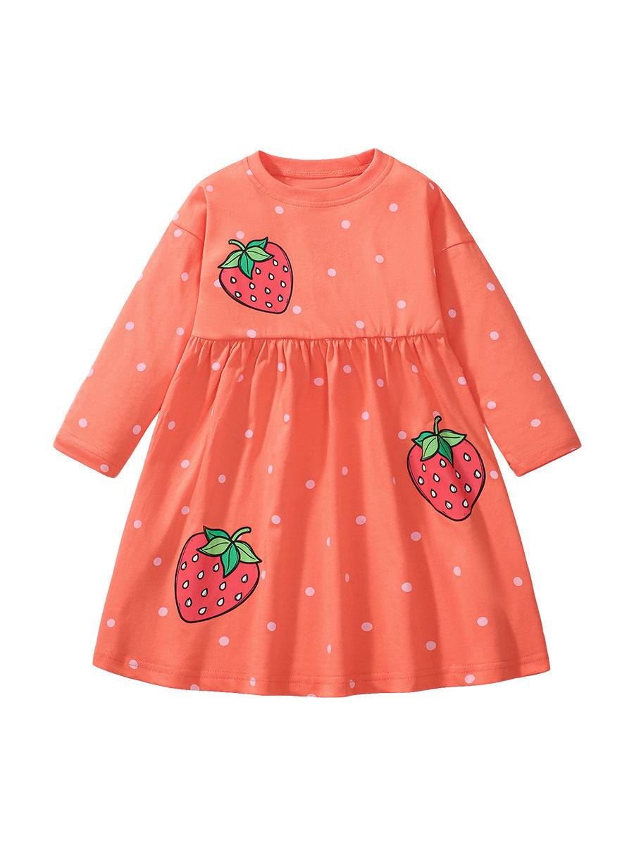 Autumn Arrival Girls’ Strawberry Pattern Dots Crew Neck Long Sleeves Dress