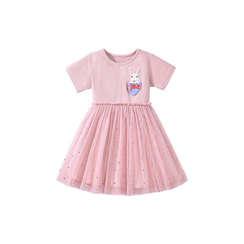 Summer Arrival Polka Dots Pattern Short Sleeves Tulle Patchwork Dress for Stylish Girls