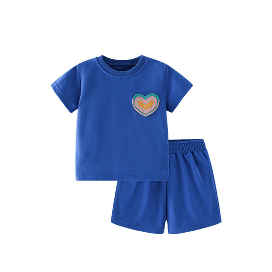 Summer Baby Kids Hearts Pattern T-shirt and Shorts Casual Blue Clothing Set for Boys and Girls