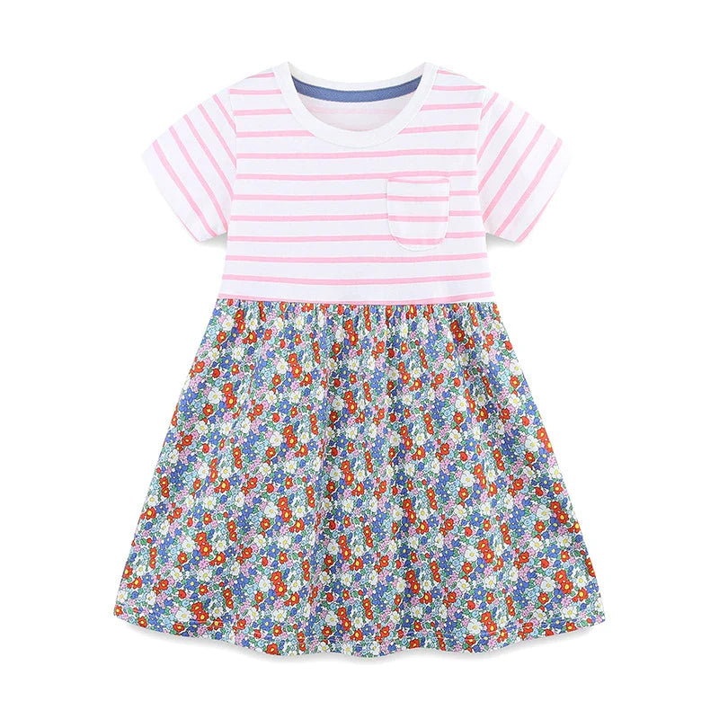 Summer Arrival Striped and Flowers Pattern Short Sleeves Color Patchwork Dress for Stylish Girls