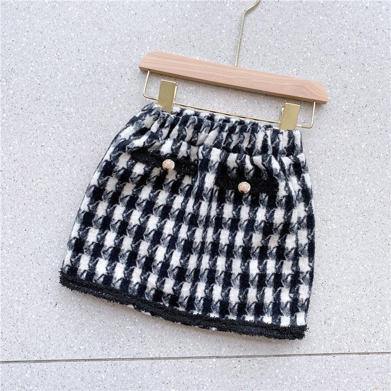 Girls Houndstooth Pattern Single Breasted Cardigan&Skirt Elegant Style Sets