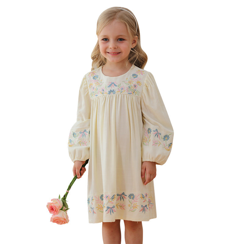 Spring and Autumn Vintage Flowers Embroidered Long-sleeved Dress for Stylish Girls