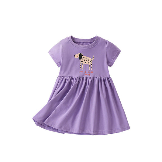 Summer Arrival Animals Cartoon Pattern Short Sleeves Dress for Stylish Girls