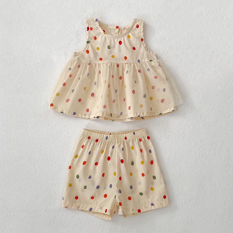 Summer Baby Kids Polka Dots Pattern Sleeveless Top and Shorts Clothing Set or Onesies for Girls