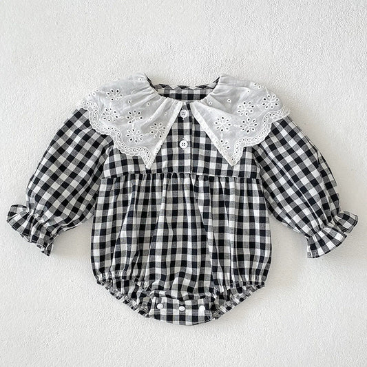 Autumn Baby Girls French-style Flowers Pattern Collar Long Sleeves Plaid Onesies and Dress – Princess Sister Matching Set