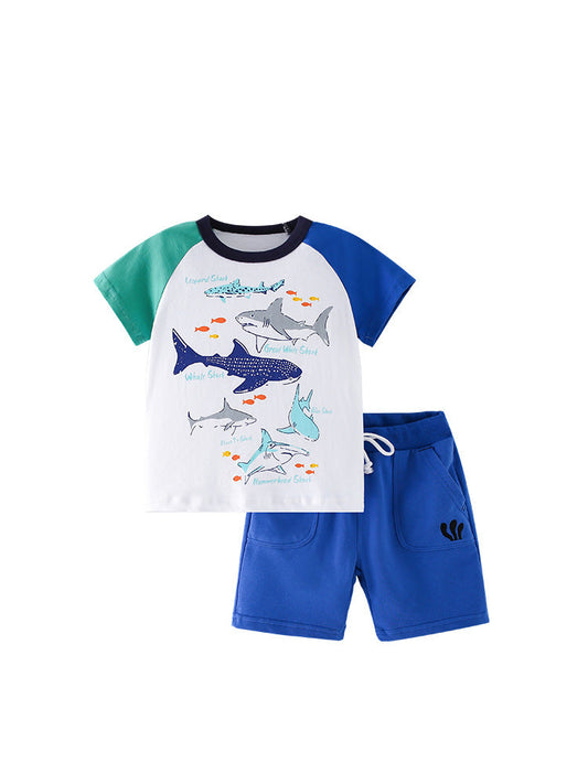 Summer Baby Kids Boys Sharks Cartoon Pattern T-Shirt And Blue Shorts Clothing Set
