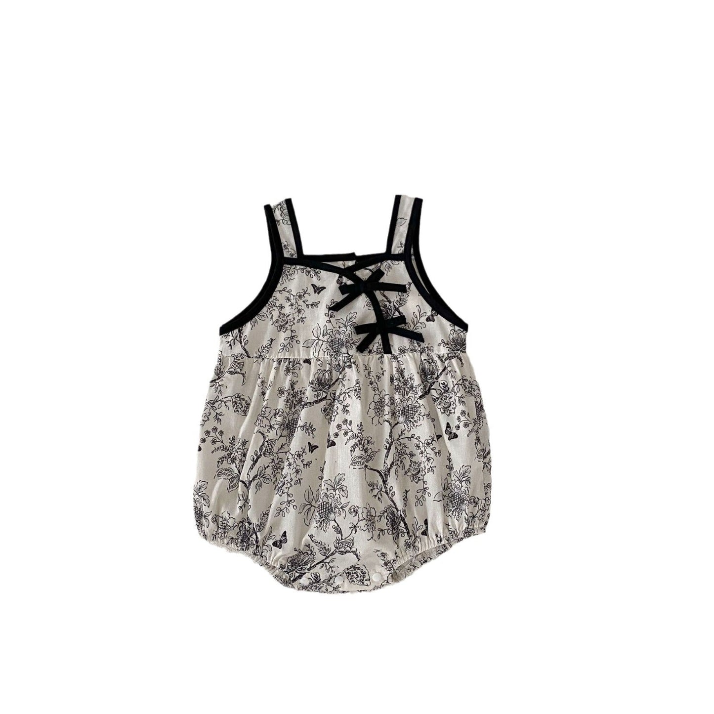 Summer Baby Kids Girls Flowers Pattern Sleeveless Strap Onesies, Top Dress And Solid Color Shorts Clothing Set