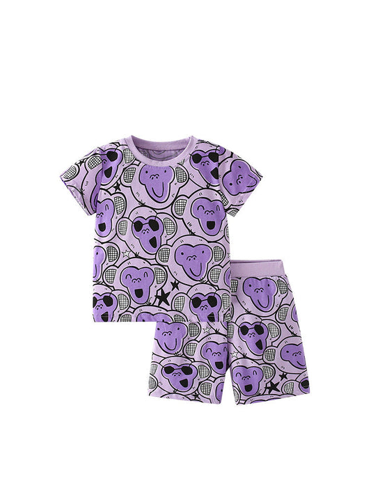 Summer Baby Kids Girls Cartoon Monkey Pattern Short Sleeves T-Shirt And Shorts Casual Clothing Set