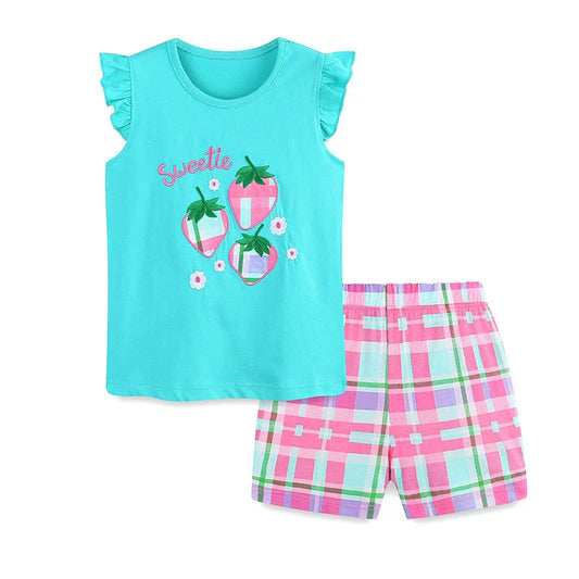 Summer Baby Kids Cute Strawberry Pattern Vest and Plaid Shorts Clothing Set for Girls