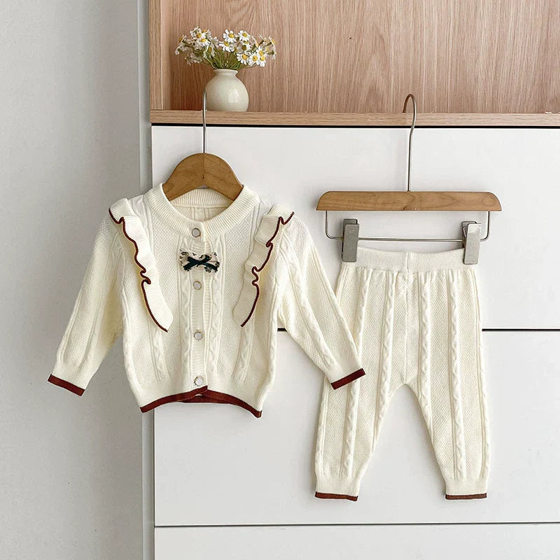 Arrival Autumn Baby Girls Long Sleeves Color Patchwork Jacquard Pattern Knitted Top Cardigan and Long Trousers Clothing Set