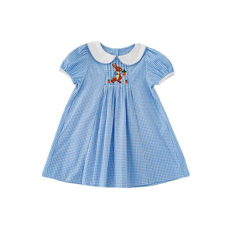 Summer Baby Kids Girls Short Sleeves Rabbit Embroidery Plaid Dress