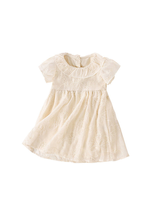 Summer Arrival Girls’ Floral Pattern Embroidery Short Sleeves Round Collar Dress