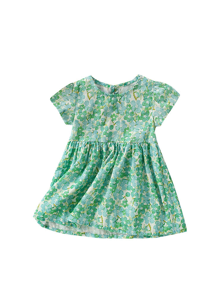 Summer Design Girls’ Oil Painting Flowers Pattern Short Sleeves Crew Neck Dress