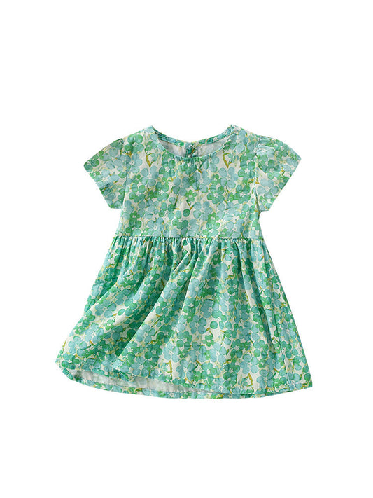 Summer Design Girls’ Oil Painting Flowers Pattern Short Sleeves Crew Neck Dress