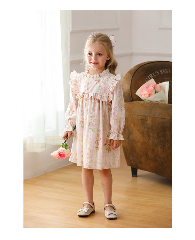 Arrival French Style Autumn Girls Floral Pattern Long Sleeves Ruffle Dress