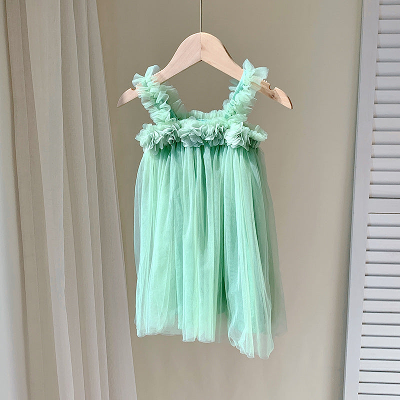 Summer Baby Kids Girls Sleeveless 3D Flowers Mesh Strap Dress