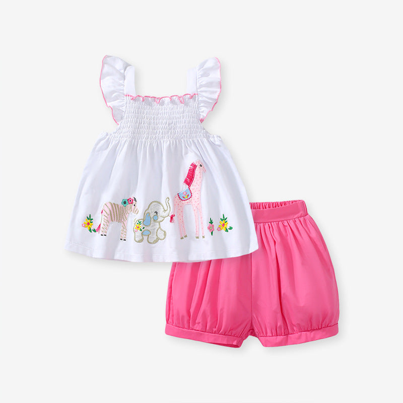 Girls Animals Cartoon Pattern Dress And Pink Shorts Set