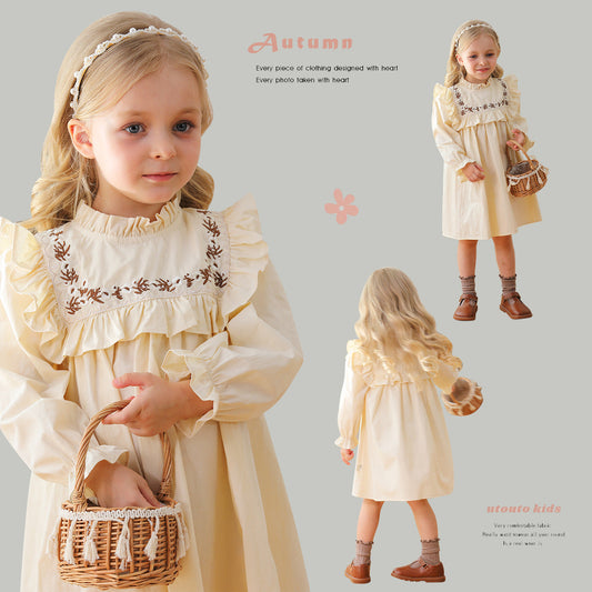 Arrival Autumn Girls Vines Pattern Embroidery French Style Ruffle Dress