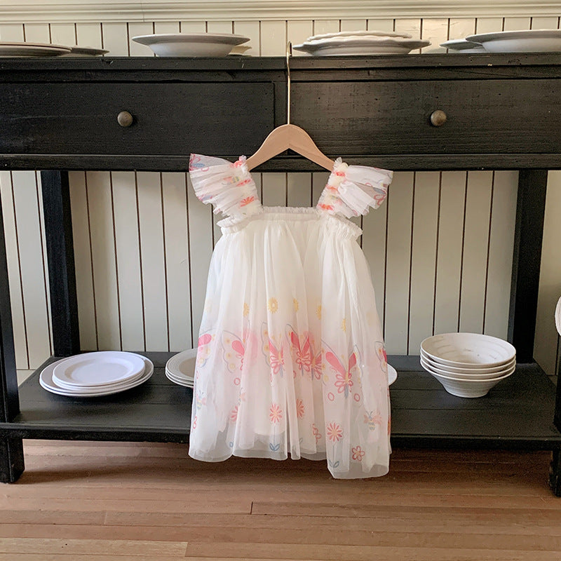 Summer Arrival Butterfly Pattern Sleeveless Tulle Dress for Stylish Girls