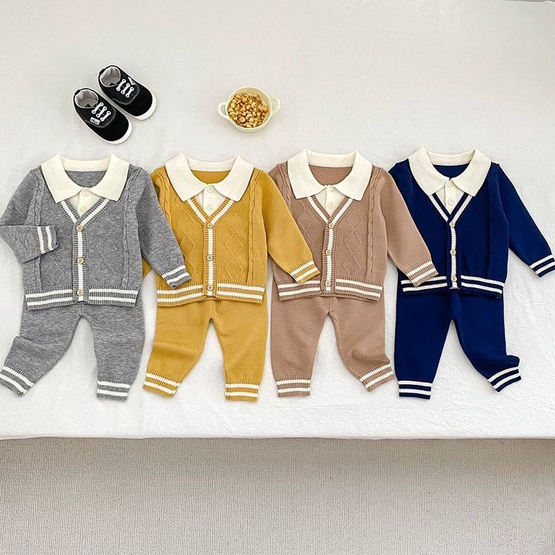 Arrival Autumn Baby Unisex Long Sleeves Color Patchwork Striped Pattern Knitted Top Cardigan and Long Trousers Clothing Set
