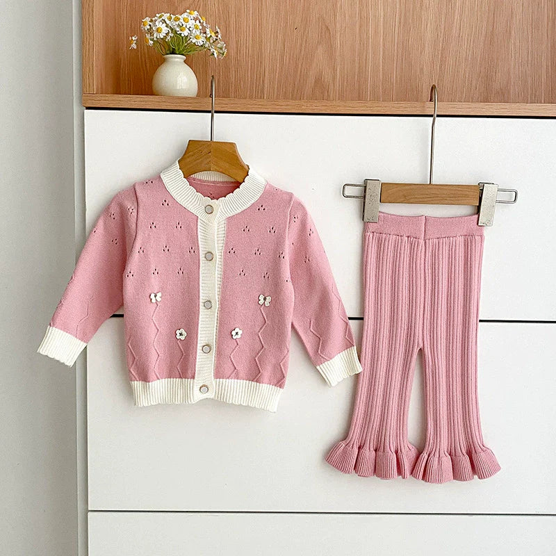 Arrival Autumn Baby Girls Long Sleeves Hollow-out and Flowers Pattern Knitted Top Cardigan and Long Trousers Clothing Set