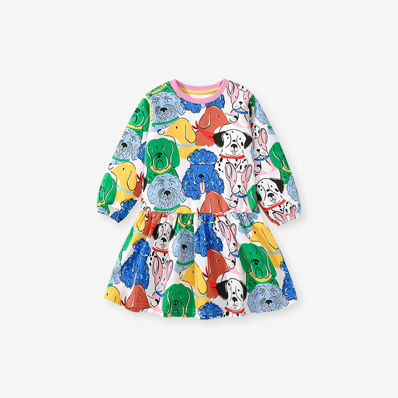 Design Autumn Girls Vivid Colorful Dogs Pattern Dress