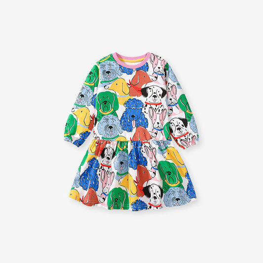 Design Autumn Girls Vivid Colorful Dogs Pattern Dress