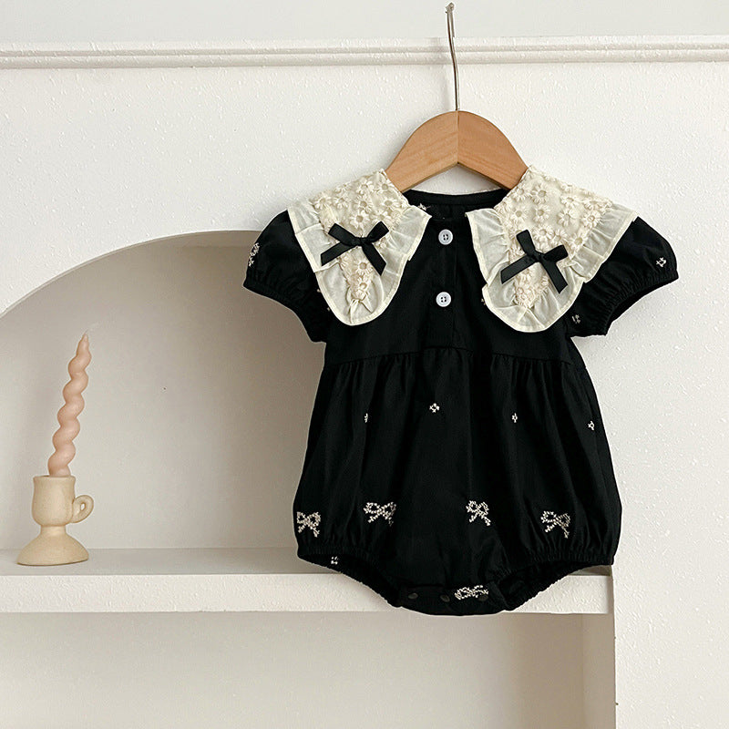Design Summer Baby Kids Girls Floral Pattern Collar Short Sleeves Bows Embroidery Onesies And Girls’ Dress – Princess Sister Matching Set